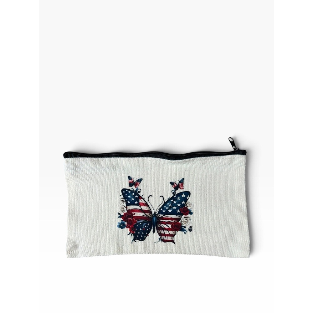 New Novelty Zipper Pouch Bag white butterfly usa flag red blue flowers